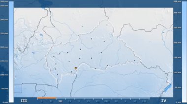 Animasyonlu gösterge - parlayan şekli, idari sınırları, ana şehirler, sermaye ile Orta Afrika Cumhuriyeti bölgede yağış aya göre. Sterografik projeksiyon