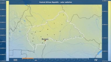 Orta Afrika Cumhuriyeti alanda animasyonlu gösterge - İngilizce etiketleri ile aya göre güneş radyasyonu: ülke ve sermaye adları, açıklama göster. Sterografik projeksiyon