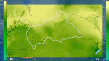 Animasyonlu gösterge - parlayan şekli, idari sınırları, ana şehirler, sermaye Orta Afrika Cumhuriyeti alanında ortalama sıcaklık aya göre. Sterografik projeksiyon