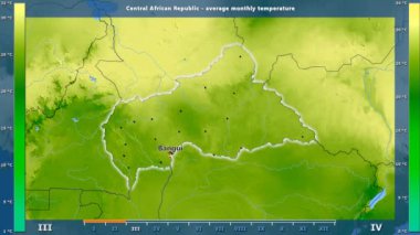 Ortalama sıcaklık aya göre Orta Afrika Cumhuriyeti alanında animasyonlu gösterge - İngilizce etiketleri birlikte: ülke ve sermaye adları, açıklama göster. Sterografik projeksiyon