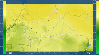Orta Afrika Cumhuriyeti alanda animasyonlu gösterge - parlayan şekli, idari sınırları, ana şehirler, sermaye ile maksimum sıcaklık aya göre. Sterografik projeksiyon