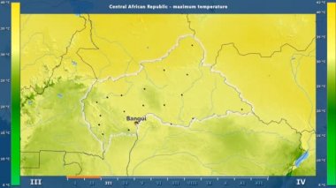 Orta Afrika Cumhuriyeti alanda animasyonlu gösterge - İngilizce etiketleri ile aya göre maksimum sıcaklık: ülke ve sermaye adları, açıklama göster. Sterografik projeksiyon