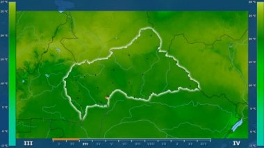 Animasyonlu gösterge - parlayan şekli, idari sınırları, ana şehirler, sermaye Orta Afrika Cumhuriyeti alanında minimum sıcaklığı aya göre. Sterografik projeksiyon