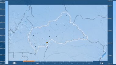 Hız aya göre Orta Afrika Cumhuriyeti alanında animasyonlu gösterge - parlayan şekli, idari sınırları, ana şehirler, sermaye birlikte rüzgar. Sterografik projeksiyon