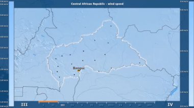 Rüzgar hızı aya göre Orta Afrika Cumhuriyeti alanında animasyonlu gösterge - İngilizce etiketleri birlikte: ülke ve sermaye adları, açıklama göster. Sterografik projeksiyon