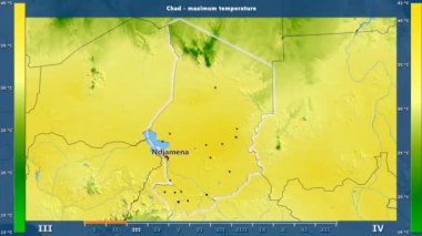 Chad alanda animasyonlu gösterge - İngilizce etiketleri ile aya göre maksimum sıcaklık: ülke ve sermaye adları, açıklama göster. Sterografik projeksiyon