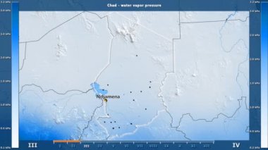 Chad alanda animasyonlu gösterge - İngilizce etiketleri ile aya göre su buhar basıncı: ülke ve sermaye adları, açıklama göster. Sterografik projeksiyon