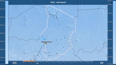 Rüzgar hızı aya göre animasyonlu gösterge - İngilizce etiketleri Chad bölge: ülke ve sermaye adları, açıklama göster. Sterografik projeksiyon