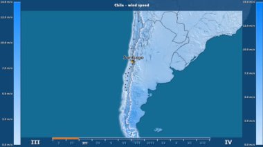 Rüzgar hızı aya göre animasyonlu efsanesi - İngilizce etiketleri ile Şili alanında: ülke ve sermaye adları, açıklama göster. Sterografik projeksiyon