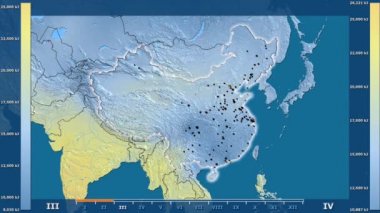 Animasyonlu efsanesi - parlayan şekli, idari sınırları, ana şehirler, sermaye ile Çin alanında güneş radyasyonu aya göre. Sterografik projeksiyon