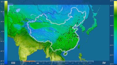 Animasyonlu efsanesi - parlayan şekli, idari sınırları, ana şehirler, sermaye ile Çin alanında ortalama sıcaklık aya göre. Sterografik projeksiyon