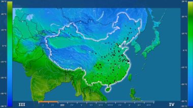 Animasyonlu efsanesi - parlayan şekli, idari sınırları, ana şehirler, sermaye ile Çin alanında minimum sıcaklığı aya göre. Sterografik projeksiyon