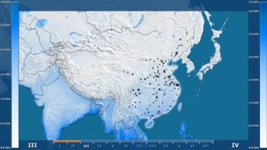 Animasyonlu gösterge - parlayan şekli, idari sınırları, ana şehirler, sermaye ile Çin bölgede su buharı basıncı aya göre. Sterografik projeksiyon