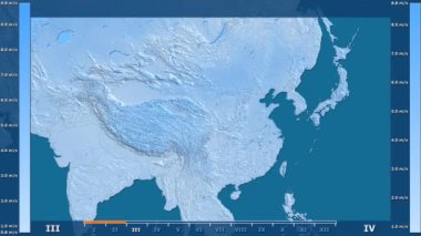 Rüzgar hızı animasyonlu efsanesi - ham renk shader ile Çin alanında aya göre. Sterografik projeksiyon