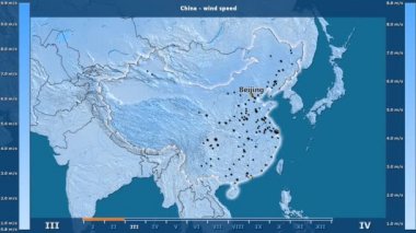 Rüzgar hızı aya göre animasyonlu efsanesi - İngilizce etiketleri ile Çin alanında: ülke ve sermaye adları, açıklama göster. Sterografik projeksiyon