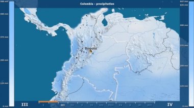 Kolombiya alan animasyonlu efsanesi - İngilizce etiketleri ile aya göre Yağış: ülke ve sermaye adları, açıklama göster. Sterografik projeksiyon
