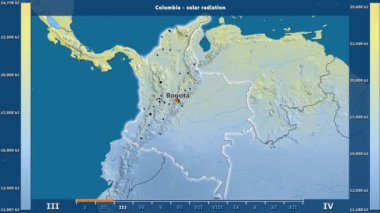 Aya göre güneş radyasyonu ile animasyonlu gösterge - İngilizce Etiketler Kolombiya alanında: ülke ve sermaye adları, açıklama göster. Sterografik projeksiyon