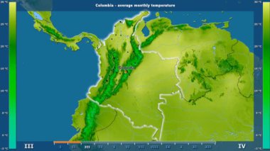 Ortalama sıcaklık ay tarafından animasyonlu gösterge - İngilizce Etiketler Kolombiya bölge: ülke ve sermaye adları, açıklama göster. Sterografik projeksiyon