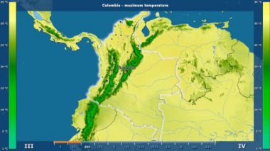 Aya göre maksimum sıcaklık animasyonlu gösterge - İngilizce Etiketler Kolombiya bölge: ülke ve sermaye adları, açıklama göster. Sterografik projeksiyon