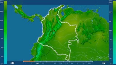 Animasyonlu efsanesi - parlayan şekli, idari sınırları, ana şehirler, sermaye ile Kolombiya alanında minimum sıcaklığı aya göre. Sterografik projeksiyon