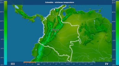 Aya göre minimum sıcaklığı animasyonlu gösterge - İngilizce Etiketler Kolombiya bölge: ülke ve sermaye adları, açıklama göster. Sterografik projeksiyon