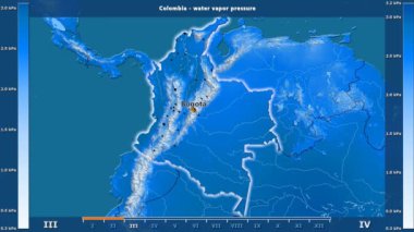 Aya göre su buharı basıncı animasyonlu gösterge - İngilizce Etiketler Kolombiya bölge: ülke ve sermaye adları, açıklama göster. Sterografik projeksiyon