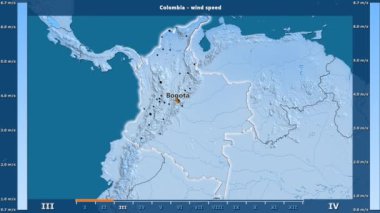 Rüzgar hızı aya göre animasyonlu gösterge - İngilizce Etiketler Kolombiya bölge: ülke ve sermaye adları, açıklama göster. Sterografik projeksiyon
