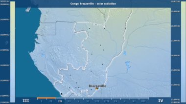 Aya göre güneş radyasyonu ile animasyonlu gösterge - İngilizce etiketleri Kongo Brazzaville alanında: ülke ve sermaye adları, açıklama göster. Sterografik projeksiyon
