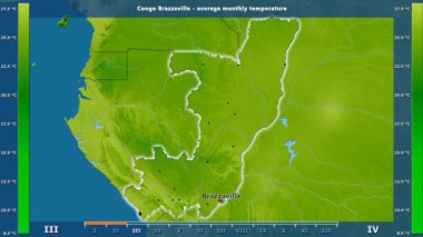Ortalama sıcaklık ay tarafından animasyonlu gösterge - İngilizce etiketleri Kongo Brazzaville bölge: ülke ve sermaye adları, açıklama göster. Sterografik projeksiyon