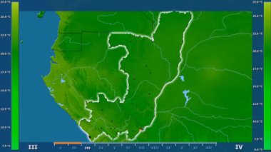 Animasyonlu efsanesi - parlayan şekli, idari sınırları, ana şehirler, sermaye ile Kongo Brazzaville alanında minimum sıcaklığı aya göre. Sterografik projeksiyon
