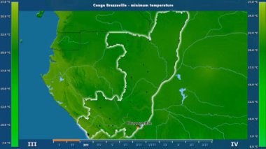 Kongo Brazzaville alanda animasyonlu gösterge - İngilizce etiketleri ile aya göre minimum sıcaklığı: ülke ve sermaye adları, açıklama göster. Sterografik projeksiyon