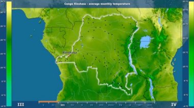 Ortalama sıcaklık ay tarafından animasyonlu gösterge - İngilizce etiketleri Kongo Kinshasa bölge: ülke ve sermaye adları, açıklama göster. Sterografik projeksiyon