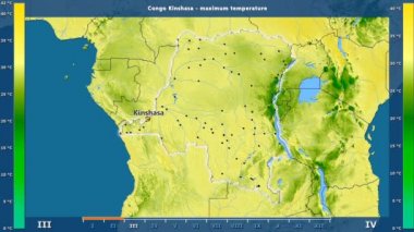 Kongo Kinshasa alanda animasyonlu gösterge - İngilizce etiketleri ile aya göre maksimum sıcaklık: ülke ve sermaye adları, açıklama göster. Sterografik projeksiyon