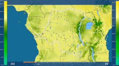 Animasyonlu efsanesi - parlayan şekli, idari sınırları, ana şehirler, sermaye ile Kongo Kinshasa alanında maksimum sıcaklık aya göre. Sterografik projeksiyon