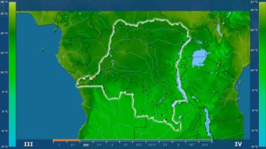 Animasyonlu efsanesi - parlayan şekli, idari sınırları, ana şehirler, sermaye ile Kongo Kinshasa alanında minimum sıcaklığı aya göre. Sterografik projeksiyon