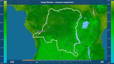 Kongo Kinshasa alanda animasyonlu gösterge - İngilizce etiketleri ile aya göre minimum sıcaklığı: ülke ve sermaye adları, açıklama göster. Sterografik projeksiyon