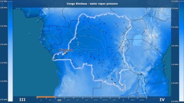 Kongo Kinshasa alanda animasyonlu gösterge - İngilizce etiketleri ile aya göre su buhar basıncı: ülke ve sermaye adları, açıklama göster. Sterografik projeksiyon