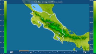 Ortalama sıcaklık aya göre Kosta Rika alanda animasyonlu gösterge - İngilizce etiketleri ile: ülke ve sermaye adları, açıklama göster. Sterografik projeksiyon