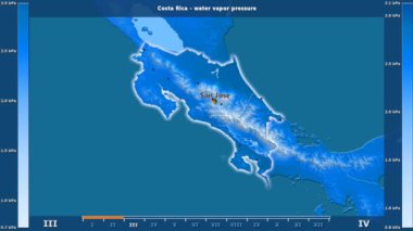 Kosta Rika alanda animasyonlu gösterge - İngilizce etiketleri ile aya göre su buhar basıncı: ülke ve sermaye adları, açıklama göster. Sterografik projeksiyon