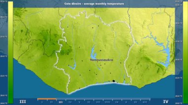Ortalama sıcaklık ay tarafından animasyonlu gösterge - İngilizce etiketleri Fildişi Sahili bölge: ülke ve sermaye adları, açıklama göster. Sterografik projeksiyon