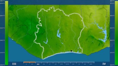 Fildişi Sahili alanda animasyonlu gösterge - parlayan şekli, idari sınırları, ana şehirler, sermaye ile minimum sıcaklığı aya göre. Sterografik projeksiyon