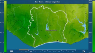 Fildişi Sahili alanda animasyonlu gösterge - İngilizce etiketleri ile aya göre minimum sıcaklığı: ülke ve sermaye adları, açıklama göster. Sterografik projeksiyon