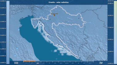 Aya göre güneş radyasyonu animasyonlu efsanesi - İngilizce etiketleri ile Hırvatistan alanında: ülke ve sermaye adları, açıklama göster. Sterografik projeksiyon