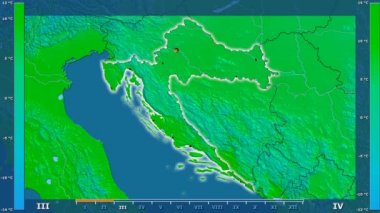 Animasyonlu efsanesi - parlayan şekli, idari sınırları, ana şehirler, sermaye ile Hırvatistan alanında ortalama sıcaklık aya göre. Sterografik projeksiyon