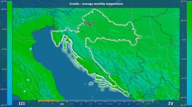 Ortalama sıcaklık ay tarafından animasyonlu efsanesi - İngilizce etiketleri ile Hırvatistan alanında: ülke ve sermaye adları, açıklama göster. Sterografik projeksiyon