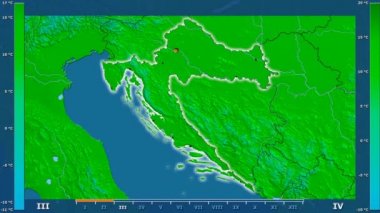 Animasyonlu efsanesi - parlayan şekli, idari sınırları, ana şehirler, sermaye ile Hırvatistan alanında maksimum sıcaklık aya göre. Sterografik projeksiyon