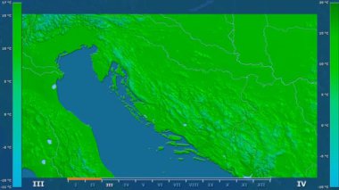 Animasyonlu efsanesi - ham renk shader ile Hırvatistan alanında maksimum sıcaklık aya göre. Sterografik projeksiyon