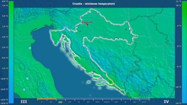 Animasyonlu efsanesi - İngilizce etiketleri ile Hırvatistan alanında aya göre minimum sıcaklığı: ülke ve sermaye adları, açıklama göster. Sterografik projeksiyon