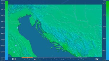 Animasyonlu efsanesi - ham renk shader ile Hırvatistan alanında minimum sıcaklığı aya göre. Sterografik projeksiyon