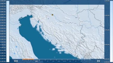 Animasyonlu gösterge - parlayan şekli, idari sınırları, ana şehirler, sermaye ile Hırvatistan bölgede su buharı basıncı aya göre. Sterografik projeksiyon